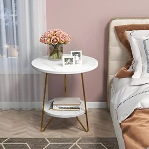 Modern Faux Marble End Table with Dual-Layer Storage Small Coffee Accent Table Living Room White and Gold Hairpin Legs Sturdy