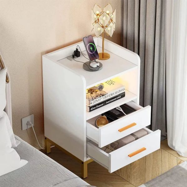 Night Stand with LED Lights and Charging Station, End Bedside Table with 2 Drawers, Open Storage, USB Ports and Outlets