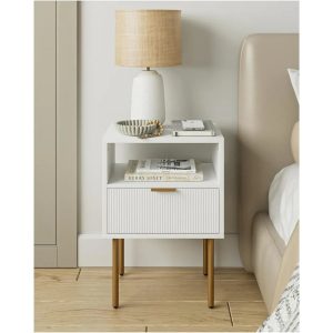 Nightstand,Small Bedside Table with Gold Frame,White Night Stand,Bedside Furniture,Side Table with Drawer and Shelf for Bedroom