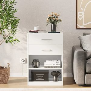 Nightstand-with-Charging-Station-2-Drawers-Bedside-Table-with-USB-Port-and-Outlets-Storage-Shelves-with Nightstand with Charging Station, 2 Drawers Bedside Table with USB Port and Outlets, Storage Shelves with Sliding Drawer