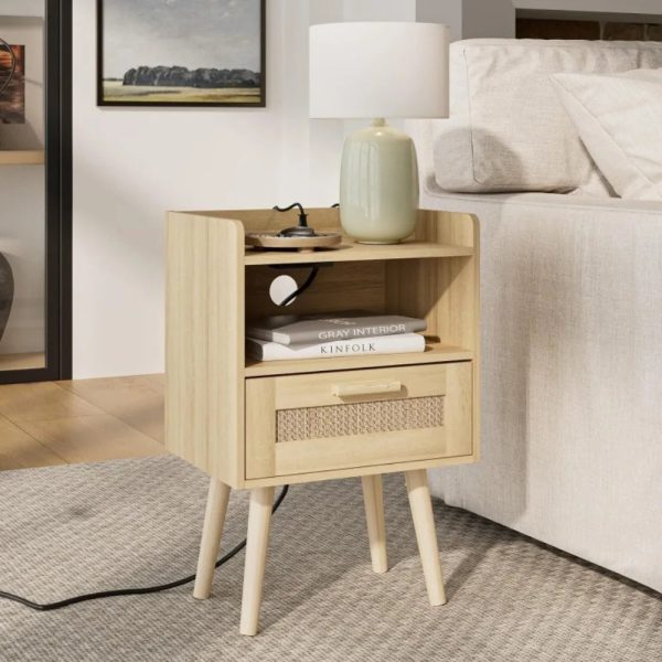Nightstand-with-Charging-Station-Bedside-Table-with-PE-Rattan-Decor-Drawer-Rattan-Night-Stand-with-Solid_bbac1eb3-d4d9-44fd-b371-b934a54e91a9 Nightstand with Charging Station,Bedside Table with PE Rattan Decor Drawer,Rattan Night Stand with Solid Wood Legs