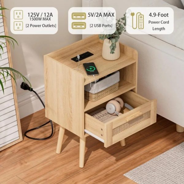 Nightstand-with-Charging-Station-Bedside-Table-with-PE-Rattan-Decor-Drawer-Rattan-Night-Stand-with-Solid_f1a9db4c-a363-4b2c-9797-2f28abb4a6a5 Nightstand with Charging Station,Bedside Table with PE Rattan Decor Drawer,Rattan Night Stand with Solid Wood Legs