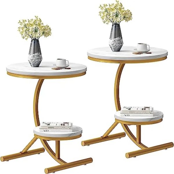 Modern 2-Tier Round End Table with Storage Shelf Faux Marble Top Gold C-Shaped Legs Sofa Side Table