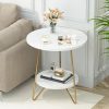 Faux Marble End Table, 2 Tier Round Side Table with Shelves, Modern Gold Nightstand Bedside Table Small Coffee Table