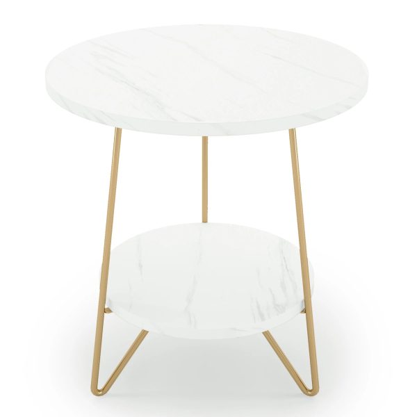 Faux Marble End Table, 2 Tier Round Side Table with Shelves, Modern Gold Nightstand Bedside Table Small Coffee Table