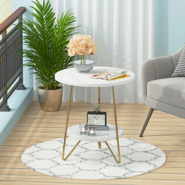 Faux Marble End Table, 2 Tier Round Side Table with Shelves, Modern Gold Nightstand Bedside Table Small Coffee Table