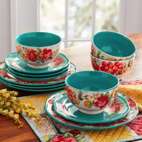 Vintage-Floral-12-Piece-Dinnerware-Set-Teal Vintage Floral 12-Piece Dinnerware Set, Teal
