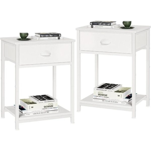 White Nightstands Set of 2, Small Spaces, 2 Tiers Storage Shelves End Table, Bedside Table for Living Room, Bedroom, Dorm