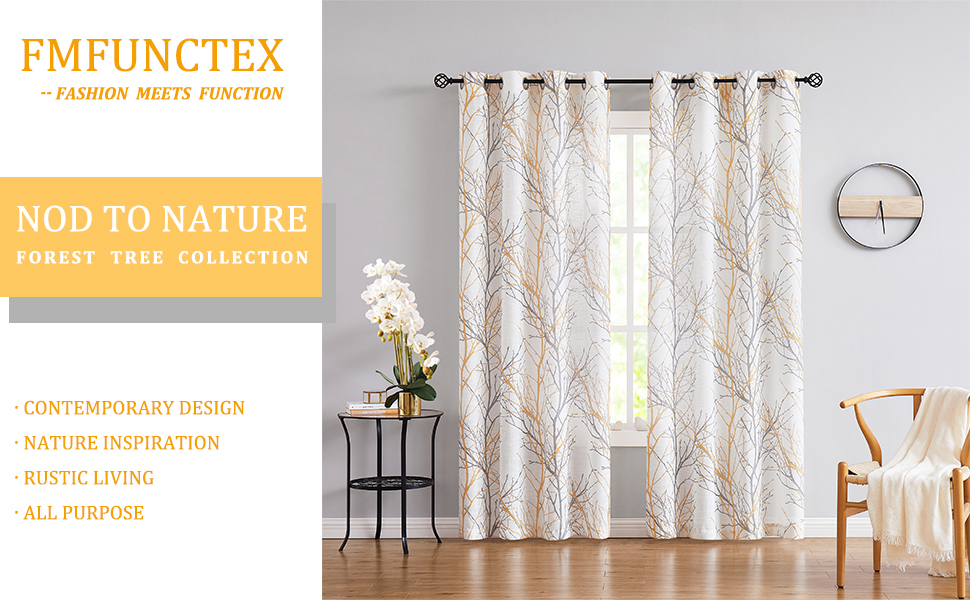 Yellow white tree curtains for living room