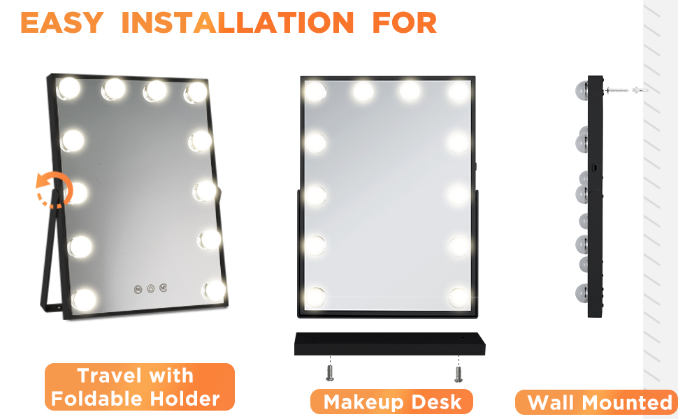 vanity mirror with easy installation for makeup desk wall and travel HVM12BSBK A+