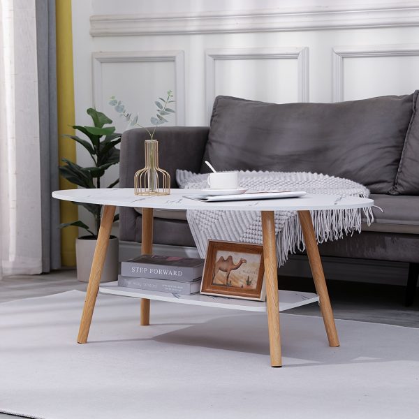 db1be2c2-44f2-4bcf-99d5-b48443655a79-1 Modern Coffee Table Oval White Marble Effect, 2 Tier Cocktail Table Sofa Table with Storage Wood Legs