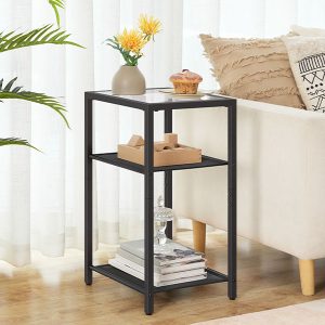 Side Tables Set of 2, 3-Tier Slim Nightstands with Storage Shelves, Modern End Tables, Tempered Glass Bedside Tables, for Living Room, Bedroom, Black BK77BZP201