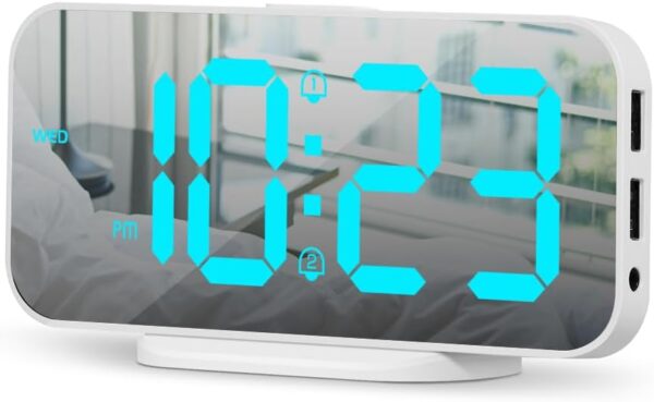 51JxTC5gRoL._AC_SL1000 ALANAS Digital Alarm Clock with Dual Alarms, Mirror LED Bedroom Alarm Clocks for Kids, Adjustable Brightness, Snooze, 2 USB Ports for Cellphone Charging, 12/24 Hour Display.