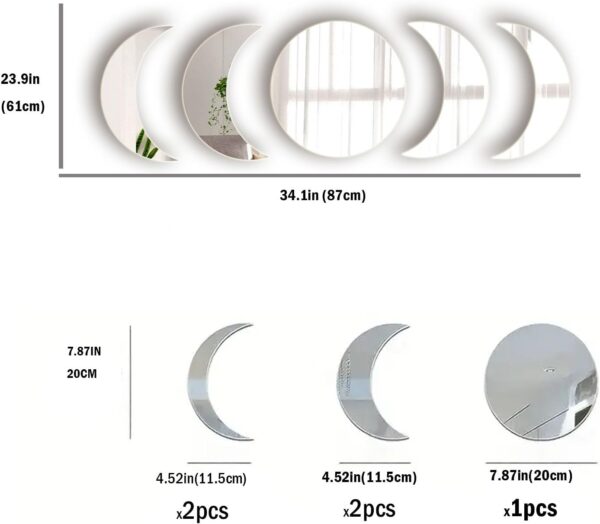 616TAP3YPOL._AC_SL1500 5 Pieces Acrylic Mirror Wall Stickers Natural Wall Decor Self Adhesive Mirrors Stickers Moon Phase Mirror Bohemian Wall Decoration for Home Living Room Bathroom Bedroom Decor (20cm)