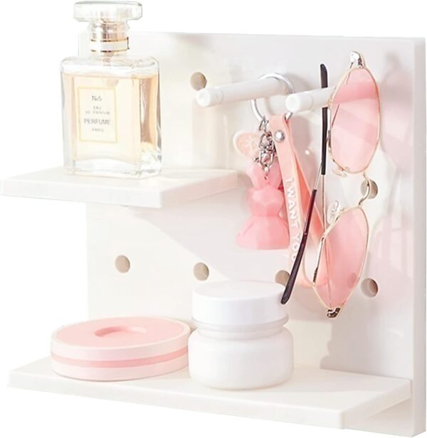 61BnlkwWGQL._AC_SL1500 Pegboard Shelf Set with Hooks,Small Plastic Floating Shelves Wall Organizer for Desk, Office, Bathroom, Entryway and Kitchen, No Drilling