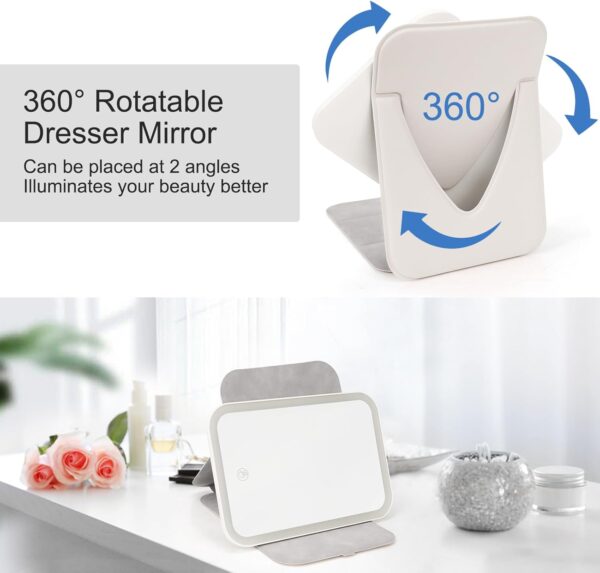 Rechargeable Travel Makeup Mirror with 80 LED Lights, Portable Lighted Makeup Mirror, 3 Color Dimmable Lighting Vanity Mirror, 360° Rotation Touch Screen Compact Tabletop Folding Cosmetic Mirror Mini