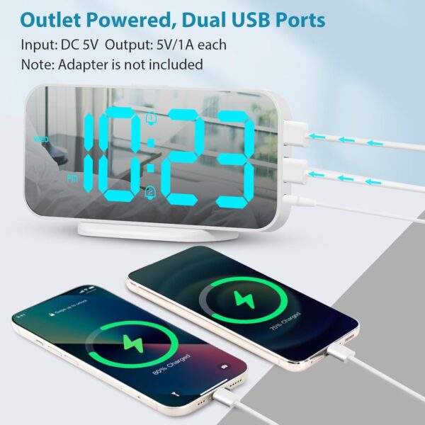 711-guLTmIL._AC_SL1500 ALANAS Digital Alarm Clock with Dual Alarms, Mirror LED Bedroom Alarm Clocks for Kids, Adjustable Brightness, Snooze, 2 USB Ports for Cellphone Charging, 12/24 Hour Display.