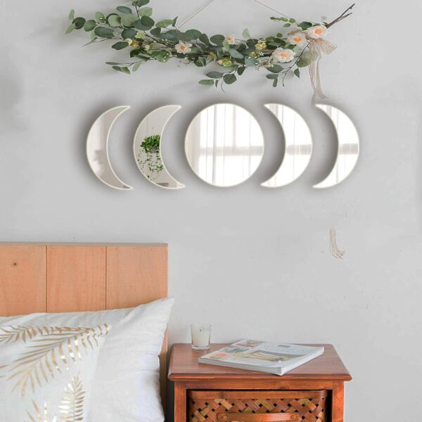 713lJHifhAL._AC_SL1500 5 Pieces Acrylic Mirror Wall Stickers Natural Wall Decor Self Adhesive Mirrors Stickers Moon Phase Mirror Bohemian Wall Decoration for Home Living Room Bathroom Bedroom Decor (20cm)