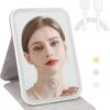 Rechargeable Travel Makeup Mirror with 80 LED Lights, Portable Lighted Makeup Mirror, 3 Color Dimmable Lighting Vanity Mirror, 360° Rotation Touch Screen Compact Tabletop Folding Cosmetic Mirror Mini