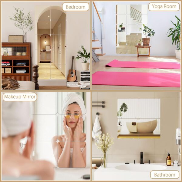 Self Adhesive Acrylic Mirror, Mirror Tiles,Flexible Plastic Mirror Sheets Wall Stickers,2MM Thick Mirror,Frameless Small Mirror, 4 Pack ( 8 x 8 Inches)