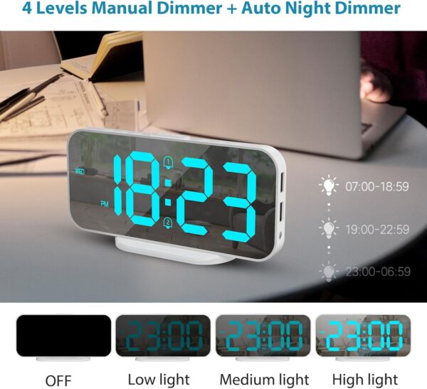 71M-0Qv7I7L._AC_SL1500 ALANAS Digital Alarm Clock with Dual Alarms, Mirror LED Bedroom Alarm Clocks for Kids, Adjustable Brightness, Snooze, 2 USB Ports for Cellphone Charging, 12/24 Hour Display.