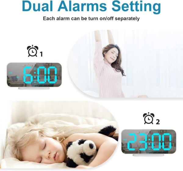 71Q-YNb9BcL._AC_SL1500 ALANAS Digital Alarm Clock with Dual Alarms, Mirror LED Bedroom Alarm Clocks for Kids, Adjustable Brightness, Snooze, 2 USB Ports for Cellphone Charging, 12/24 Hour Display.