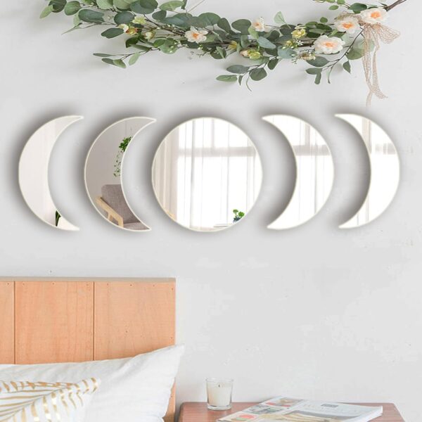 71XqG2Vu1AL._AC_SL1500 5 Pieces Acrylic Mirror Wall Stickers Natural Wall Decor Self Adhesive Mirrors Stickers Moon Phase Mirror Bohemian Wall Decoration for Home Living Room Bathroom Bedroom Decor (20cm)