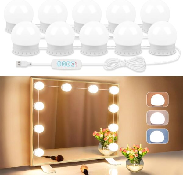 71momHargpL._AC_SL1500 LED Vanity Lights for Mirror, Vanity Lights Stick on with 10 Dimmable Bulbs, 3000K 4000K 6500K & 10 Level Brightness Adjustable, USB Cable, Hollywood Mirror Lights for Makeup Dressing Room Bathroom