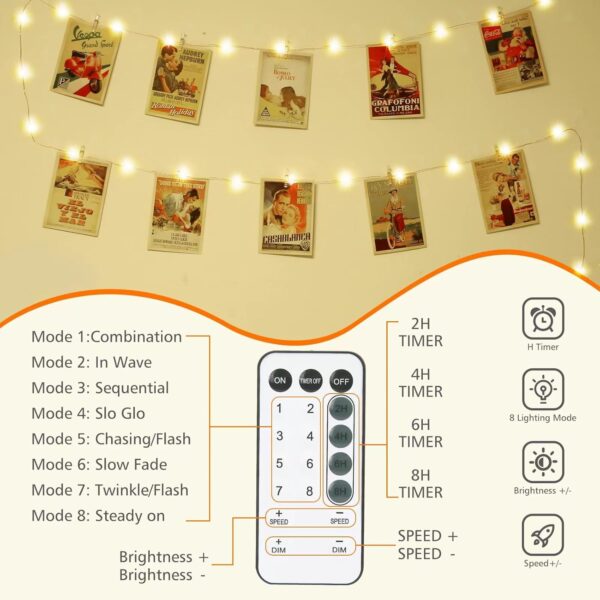 71rC0scdjNL._AC_SL1500 120 LED Photo Clips String Light with Remote, 40FT Fairy Lights with 52 Clear Picture Clips, Timer & 8 Modes USB Powered Copper Wire Lights for Dorm, Bedroom, Christmas, Party (Warm White)