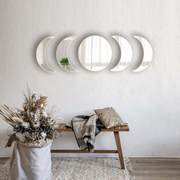 81FTaE2TIiL._AC_SL1500 5 Pieces Acrylic Mirror Wall Stickers Natural Wall Decor Self Adhesive Mirrors Stickers Moon Phase Mirror Bohemian Wall Decoration for Home Living Room Bathroom Bedroom Decor (20cm)