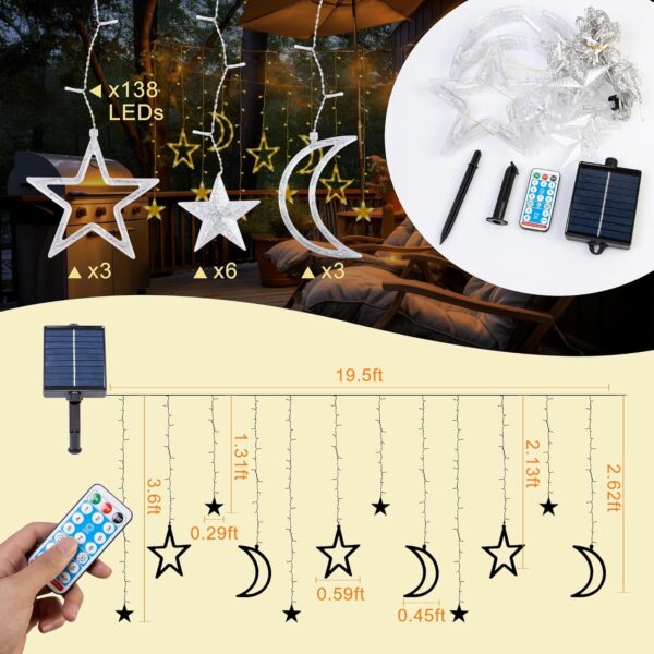Solar Curtain Lights 138*LEDs, Star Moon Ramadan String Lights with 8 Lighting Mode, Timmer Setting, Ramadan Decorations, Waterproof Solar Powered Twinkle Hanging Fairy Lights for Outdoor