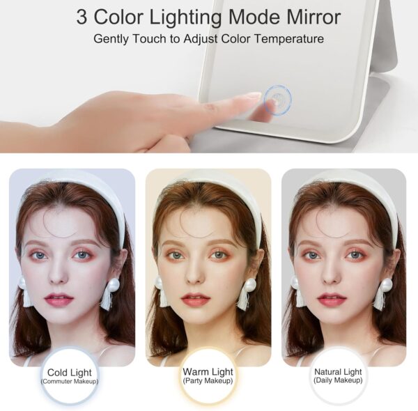 Rechargeable Travel Makeup Mirror with 80 LED Lights, Portable Lighted Makeup Mirror, 3 Color Dimmable Lighting Vanity Mirror, 360° Rotation Touch Screen Compact Tabletop Folding Cosmetic Mirror Mini